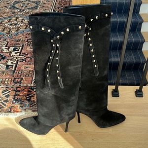 VALENTINO Suede Studded Strap Knee High Boots
